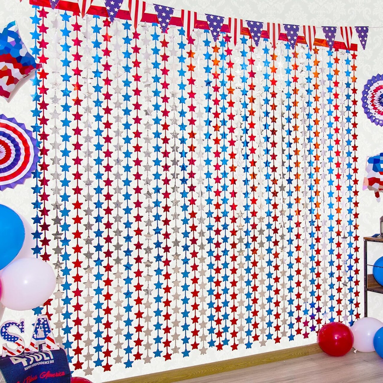 3-Pack 4th of July Star Tinsel Foil Fringe Curtains, Red White & Blue Patriotic Streamers, Photo Booth Backdrop and Party Decor for Independence Day, Memorial Day, Labor Day, and Veterans Day